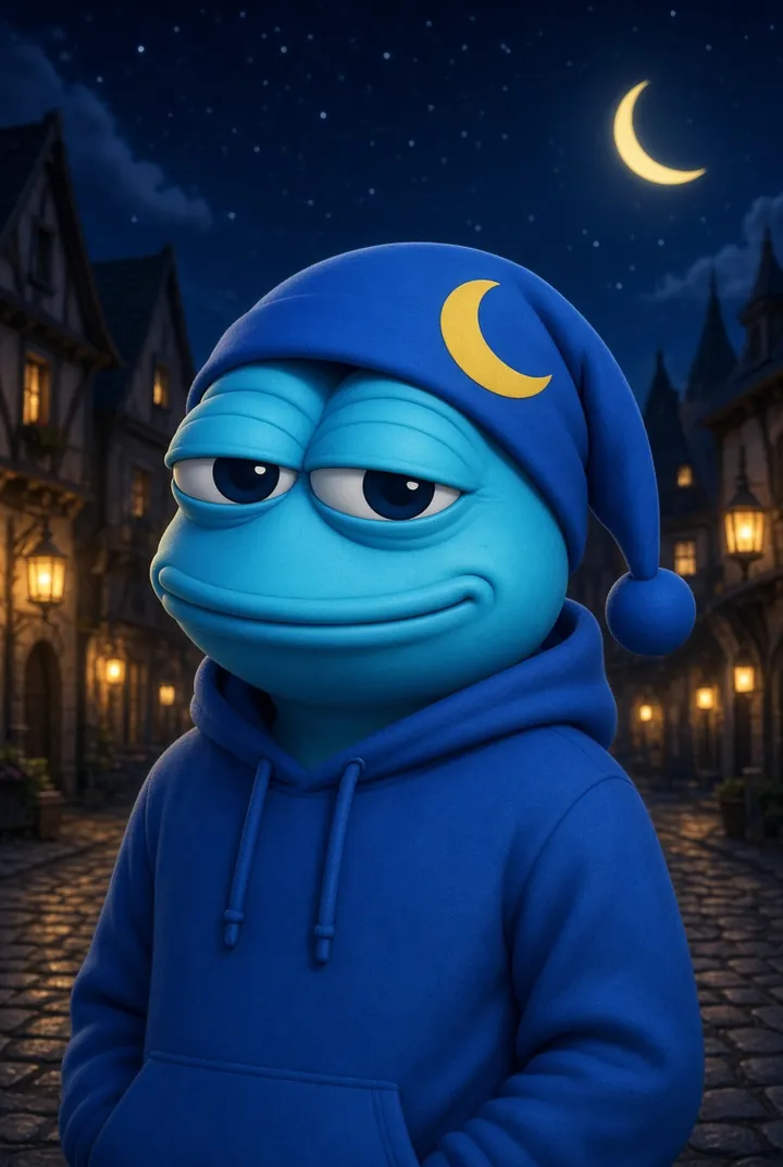 Blu3, the blue-hoodie frog, in the night village