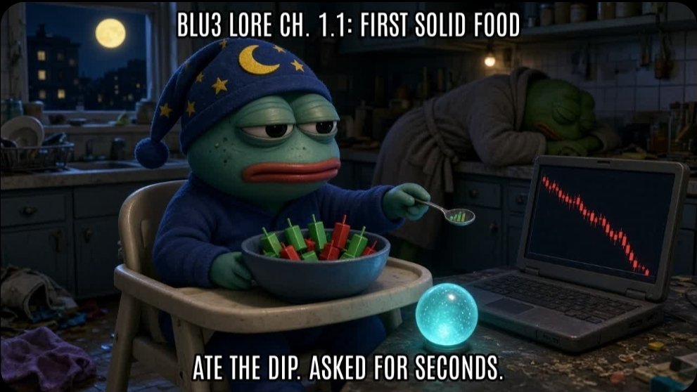 Lore chapter 1.1: baby Blu3 eating a bowl of candlesticks in a high chair